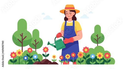Nurturing Bloom: A vibrant illustration shows a woman tending her garden, watering blossoming flowers with care and love. Capturing the beauty of nurturing