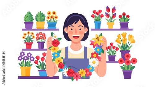 Florist's Floral Embrace: Capturing the artistry of a florist amidst a vibrant array of colorful flowers and foliage, an embodiment of passion and craftsmanship