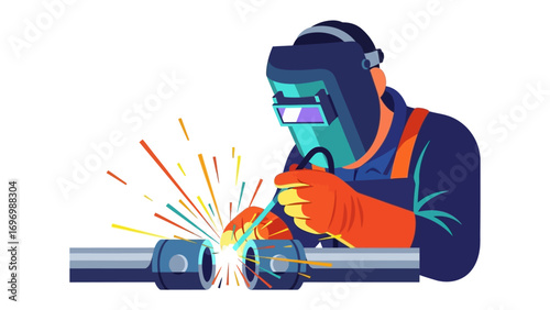 Welding Wizardry: A skilled welder in full protective gear focuses intently on a fiery display, fusing metal with precision, showcasing the art of metalwork.