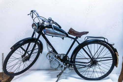 A vintage motorcycle with a classic design