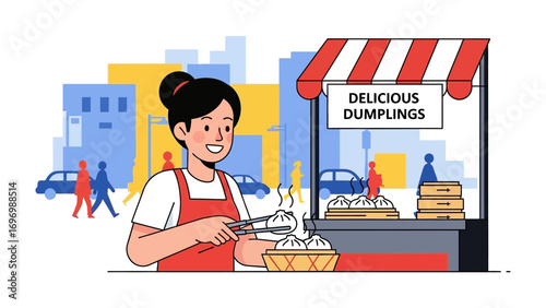 Culinary Delight: A food stall vendor prepares freshly steamed dumplings, showcasing the essence of street food culture against a backdrop of city life. 