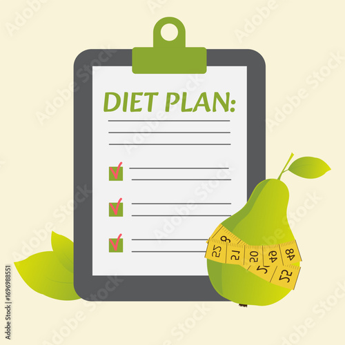 Tablet with a diet plan, pear and measuring tape, greens, fruits, diet, healthy food, proper nutrition