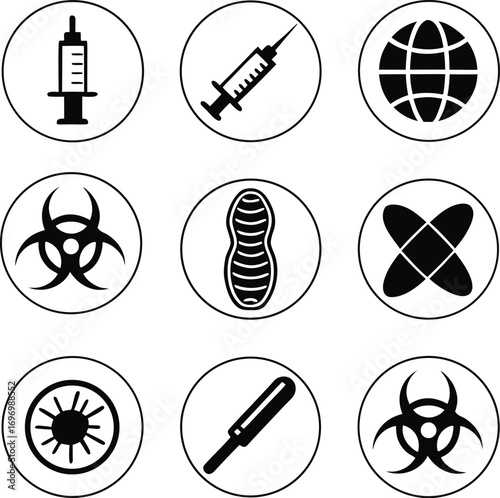 pandemic, disease, and, allergy, warning, icons, in, a, circular, glyph, style, with, vaccine, biohazard, and, virus, symbols, vector