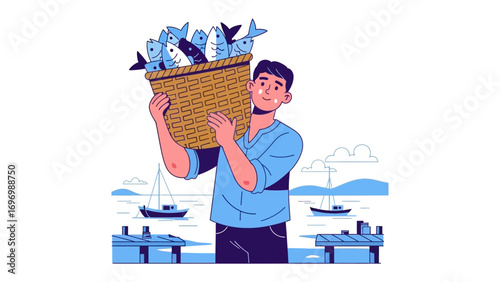 Harvest from the sea: The illustration presents a person, with a full basket of freshly caught fish, epitomizing the joy of a successful fishing expedition.