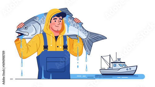 Fisherman's Bounty: An illustration of a cheerful fisherman, his catch-of-the-day gleaming in the sunlight. His trusty fishing vessel completes this picturesque scene of the sea's generosity.