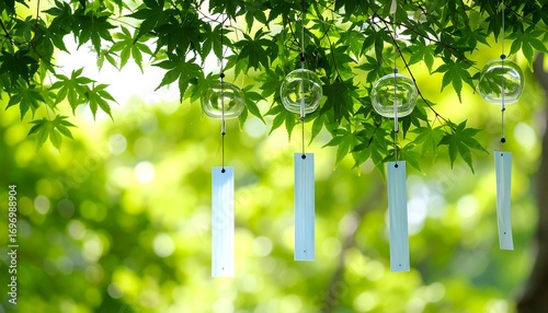 Wind chimes in a lush green garden