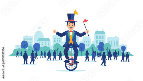 City Circus Performer: A skilled circus performer, clad in an elegant ensemble, rides a unicycle through a vibrant cityscape, captivating the crowd with their artistry and infectious enthusiasm.