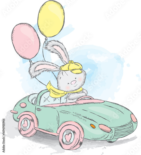 Honey Bunny in a car. Vector illustration for a card or poster. Print on clothes. Charming hare.