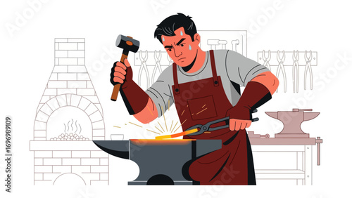 Blacksmith at Work: Witness the intense focus and skillful artistry of a blacksmith as they shape metal into a fiery masterpiece, forging their passion and craftsmanship in a rustic workshop setting.