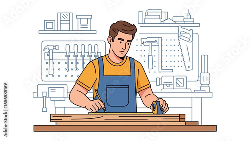 Crafting Precision: A skilled craftsman diligently measures and works on timber in a well-equipped workshop, showcasing the art of woodworking. 
