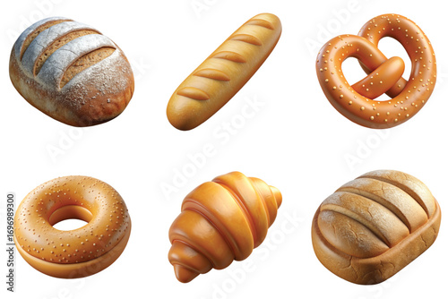 Set of 3d bread product icons, baguette croissant loaf bagel, pretzel, bakery food isolated on transparent background
