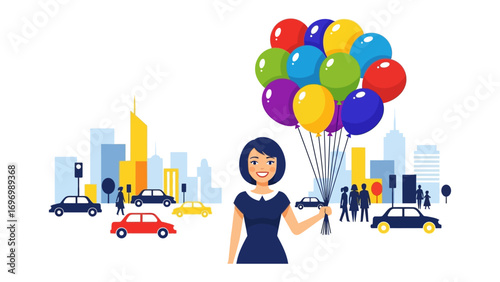A Colorful Flight: A woman holds a bunch of vibrant balloons, a symbol of freedom and joy, against a backdrop of a bustling city, conveying a sense of aspiration and limitless possibility.