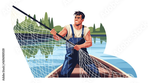 Fisherman on the Water: An illustration captures a determined fisherman navigating a tranquil boat, casting his net into the glistening water, ready to embrace the day's catch.