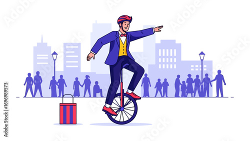 Unicyclist in Urban Landscape: A formally dressed individual confidently rides a unicycle in an urban environment, pointing the way while a crowd of people watch in silhouette.
