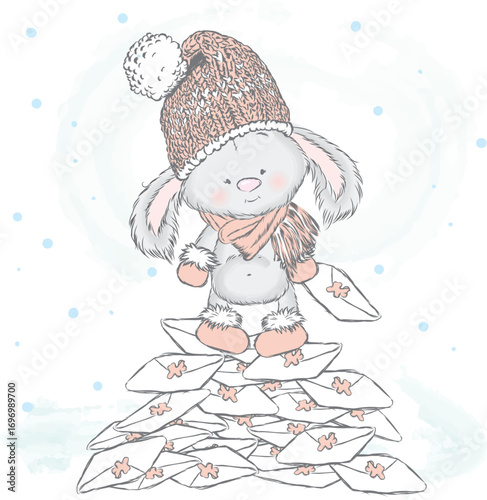 Hare standing on a pile of letters. Vector illustration for greeting card, poster, or print on clothes. Cute rabbit in a hat and boots.