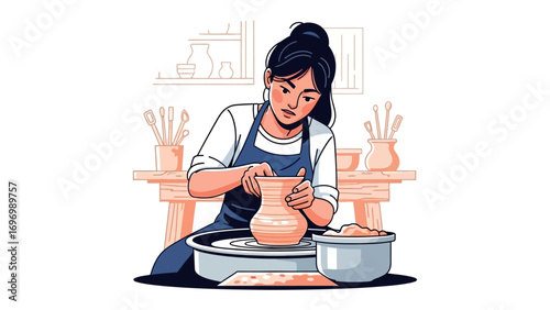 Artisan Crafting Pottery: An artist's skilled hands mold clay on a pottery wheel, immersed in the therapeutic practice of creating ceramic art.