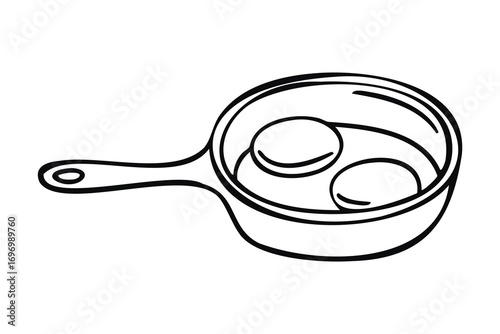 Frying pan with two pancakes line art outline, monochrome hand drawn.