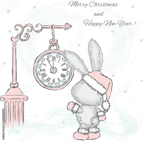 Cute hare under the clock. New Year card. Christmas. Vector illustration.