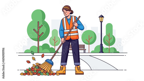Autumn Cleanup: A dedicated individual tidies up fallen leaves, showcasing the commitment to cleanliness in an autumnal setting.