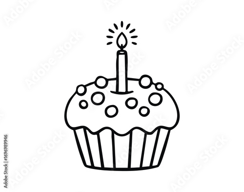 Birthday cupcake with candle line art outline, monochrome hand drawn.