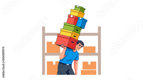 Balancing Act in the Warehouse: A person balances a precarious stack of colorful boxes, showcasing the demands of manual labor within a storage setting.