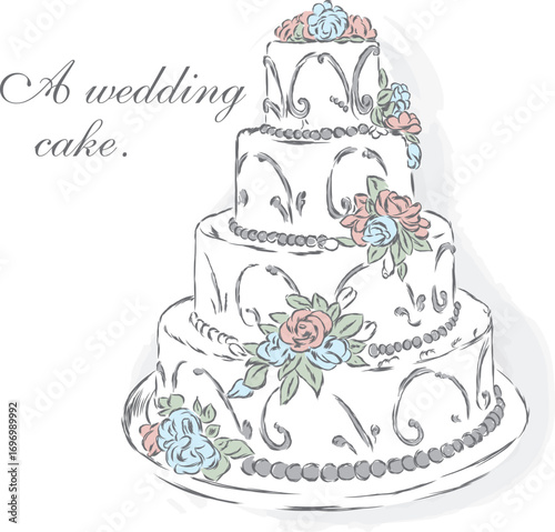 Beautiful wedding cake. Vector illustration for greeting cards and invitations.