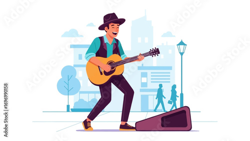 City Melodies: A smiling musician plays his guitar on a city street, evoking a sense of joy and artistic expression within an urban environment. 