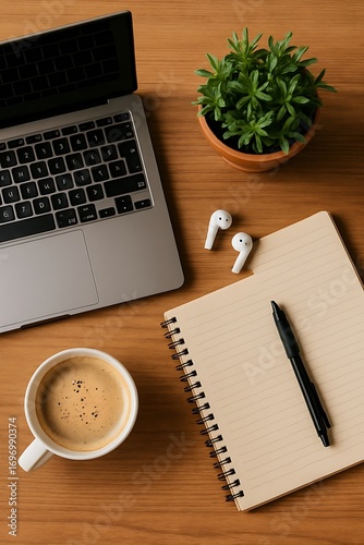 Overhead shot of a desk with laptop and coffee