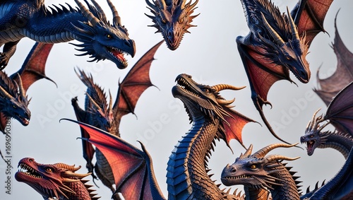 An impressive array of blue dragons showcasing fantasy elements.