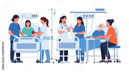 Caring Hands in Healthcare: A compassionate scene unfolds within a hospital setting, where dedicated medical professionals provide attentive care to patients in a vibrant, contemporary environment.
