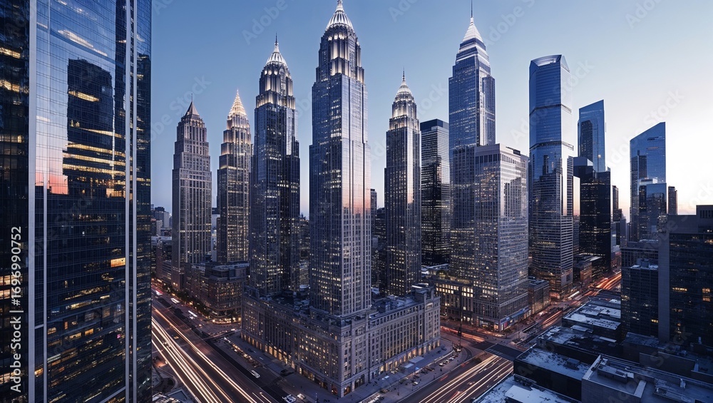 Fototapeta premium Impressive city skyline illuminated by evening twilight ambiance.
