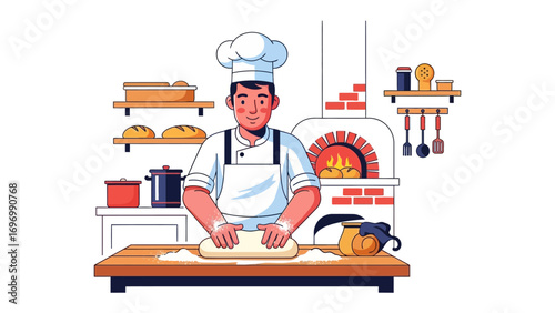 The Baker at Work: In a warm, inviting bakery, a skilled baker kneads dough with practiced hands, surrounded by the comforting sights and scents of freshly baked bread. A moment of artisanal baking.
