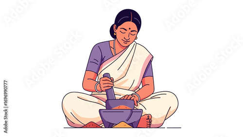 Traditional Grinding Ritual: A serene woman, immersed in a traditional grinding ritual, meticulously prepares ingredients within a mortar and pestle, a timeless culinary practice.