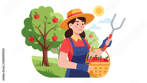 Harvesting Abundance: An orchard worker with a basket, harvesting apples, under the warm glow of the sun, depicting a scene of thriving agricultural abundance.
