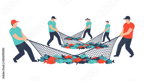 Fishing team: A team of fishermen pulling fishing net. Illustrating their efforts to bring in a bountiful catch from the sea.