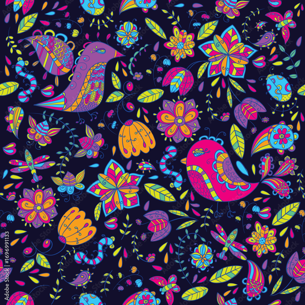 Fototapeta premium Vector floral pattern and birds . Doodles . 