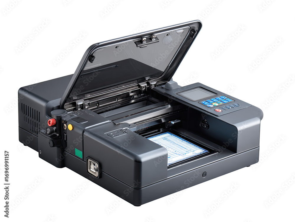 Obraz premium Dark-gray, rectangular device with open lid, showing internal components and a document