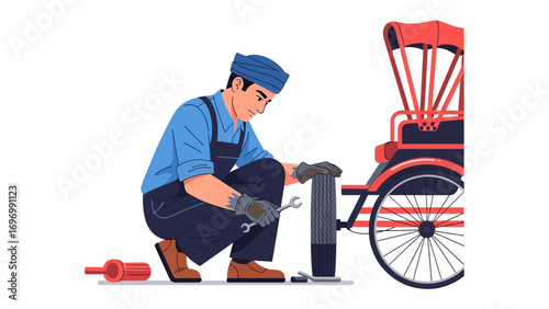 Mechanic at Work: A dedicated mechanic, focused on intricate vehicle repair, uses skill to resolve mechanical problems. 