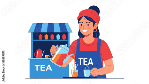 Tea Vendor's Delight: A charming tea vendor gracefully pours steaming tea, surrounded by the ambiance of a traditional tea stall. Embracing the joy of a simple pleasure.