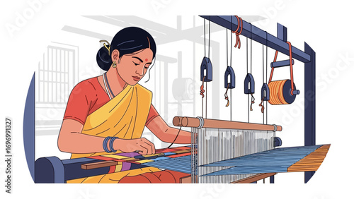 Weaver at Work: A dedicated weaver, skilled in traditional methods, meticulously works at a loom, showcasing her craft with focus.