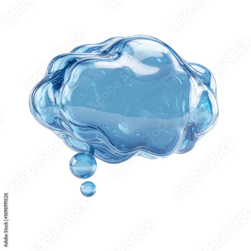 A translucent, light-blue thought bubble, rendered in a 3D style.  It's shaped like a cloud and has smaller, teardrop-like water droplets hanging from its lower edge
