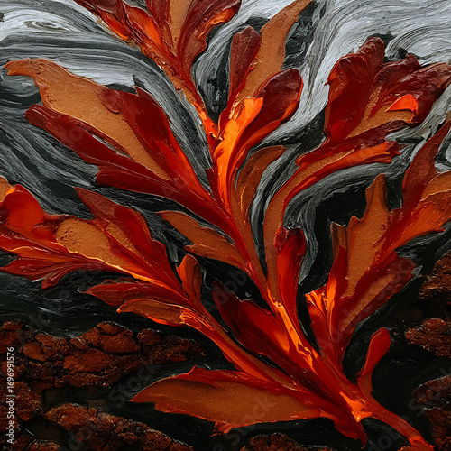 Textured abstract painting of fiery red foliage on dark background