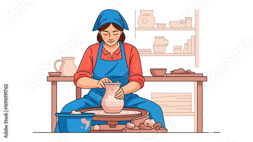Creating Masterpieces: A skilled artisan, completely immersed in the creative process, diligently shapes a clay pot on a potter's wheel in a pottery studio, evoking the artistic beauty
