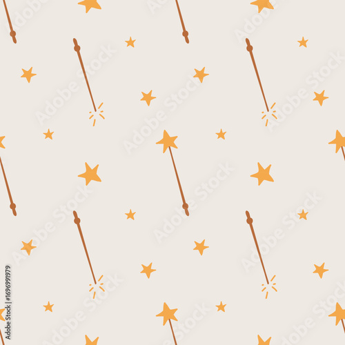Seamless pattern with hand drawn yellow stars and magic wands on beige background. Childrens magic simple pattern. Starry sky. Wizard and astrologer attributes. Pastel background for kids. Cute cozy