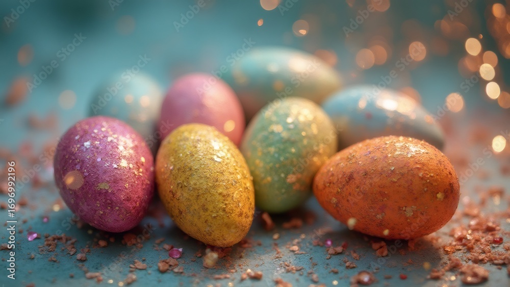 Obraz premium Pastel Glitter Easter Eggs on Teal Surface with Bokeh Lights