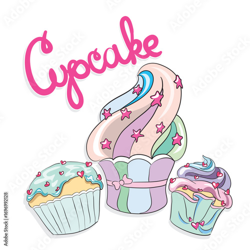 Hand drawing cupcakes. Desserts in vintage style. Vector.