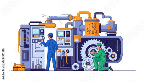 Technicians at Work: Two technicians working with industrial machinery, meticulously ensuring its optimal operation. Detailed illustration focusing on technical precision and operational efficiency.