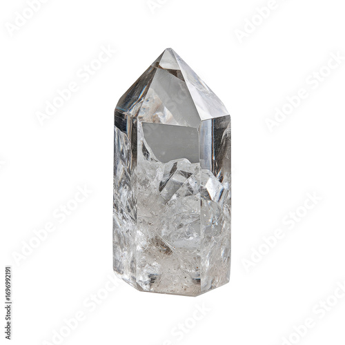 Clear quartz crystal point, sharply pointed,faceted,  with internal inclusions