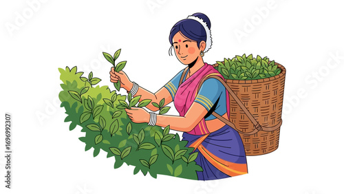 Tea Harvester at Work: A tea harvester gracefully tends to a vibrant tea garden, delicately gathering fresh tea leaves.