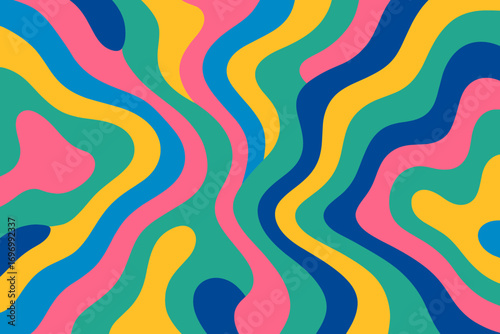 A colorful abstract design filled with curvy, flowing lines in bold shades of pink, blue, green, and yellow, creating a playful and energetic visual rhythm